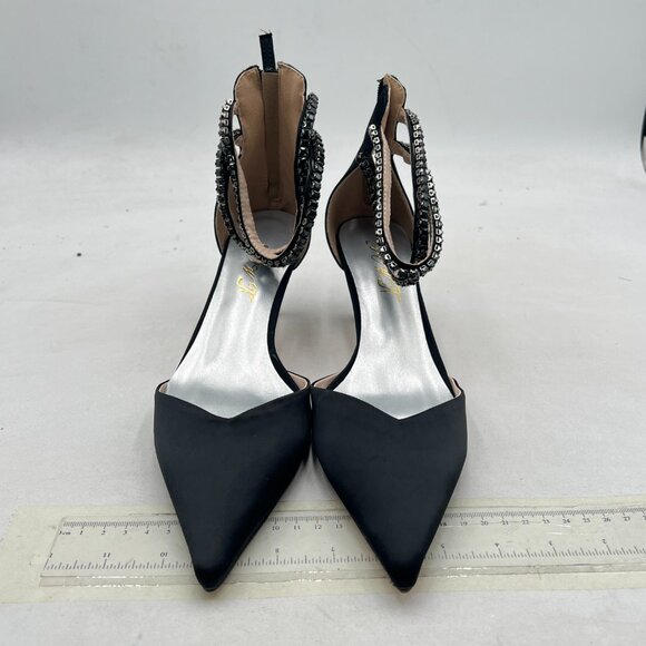 FOWT Black Pointed Toe Rhinestones Ankle Strap Sandals Kitten Heel D'Orsay Pumps - Picture 3 of 8